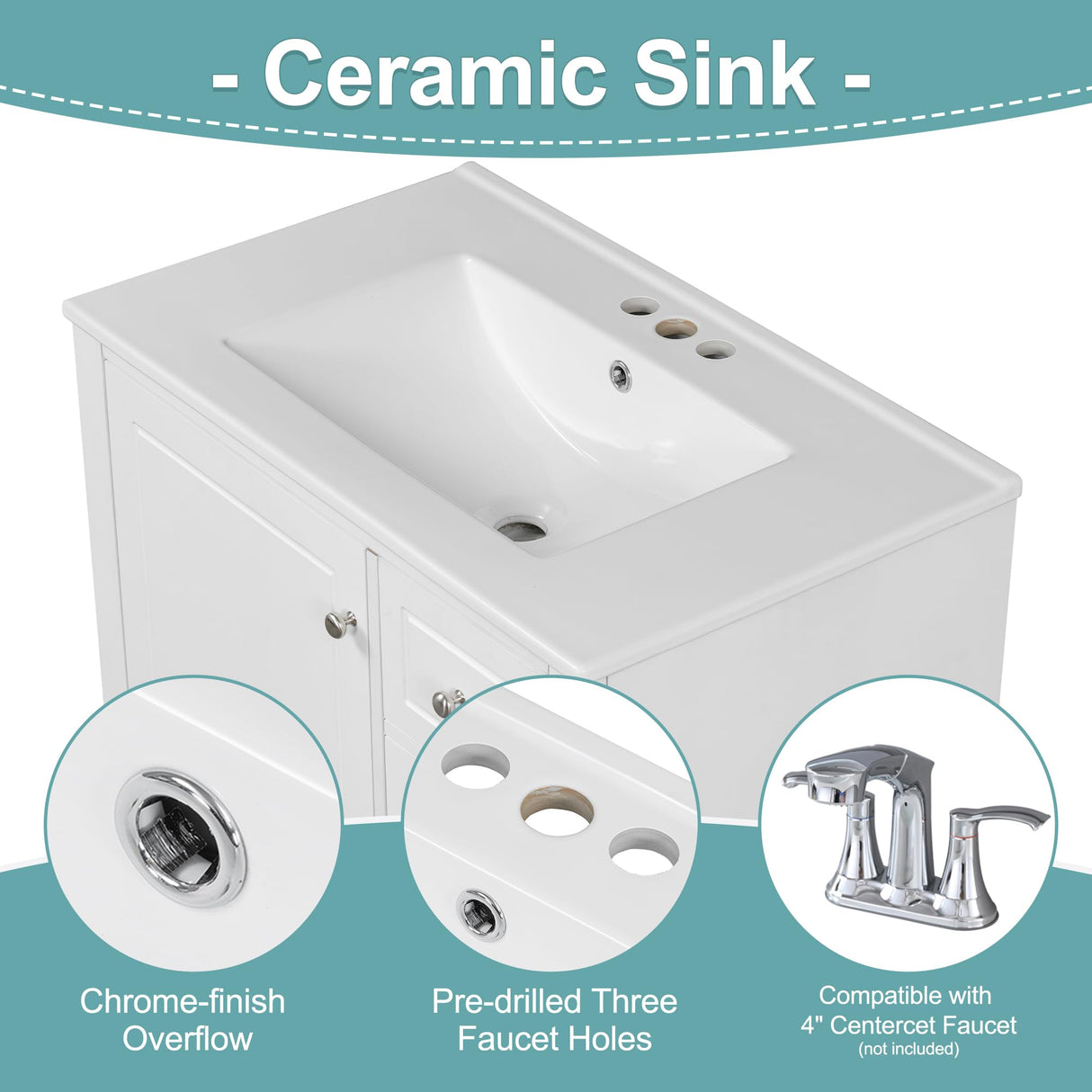 Harper & Bright Designs 30" Bathroom Vanity with Sink, Free Standing Single Basin Vanity Set with One Door and Three Drawers, Solid Wood Bathroom Cabinet with Ceramic Basin for Bathroom, White Harper & Bright Designs