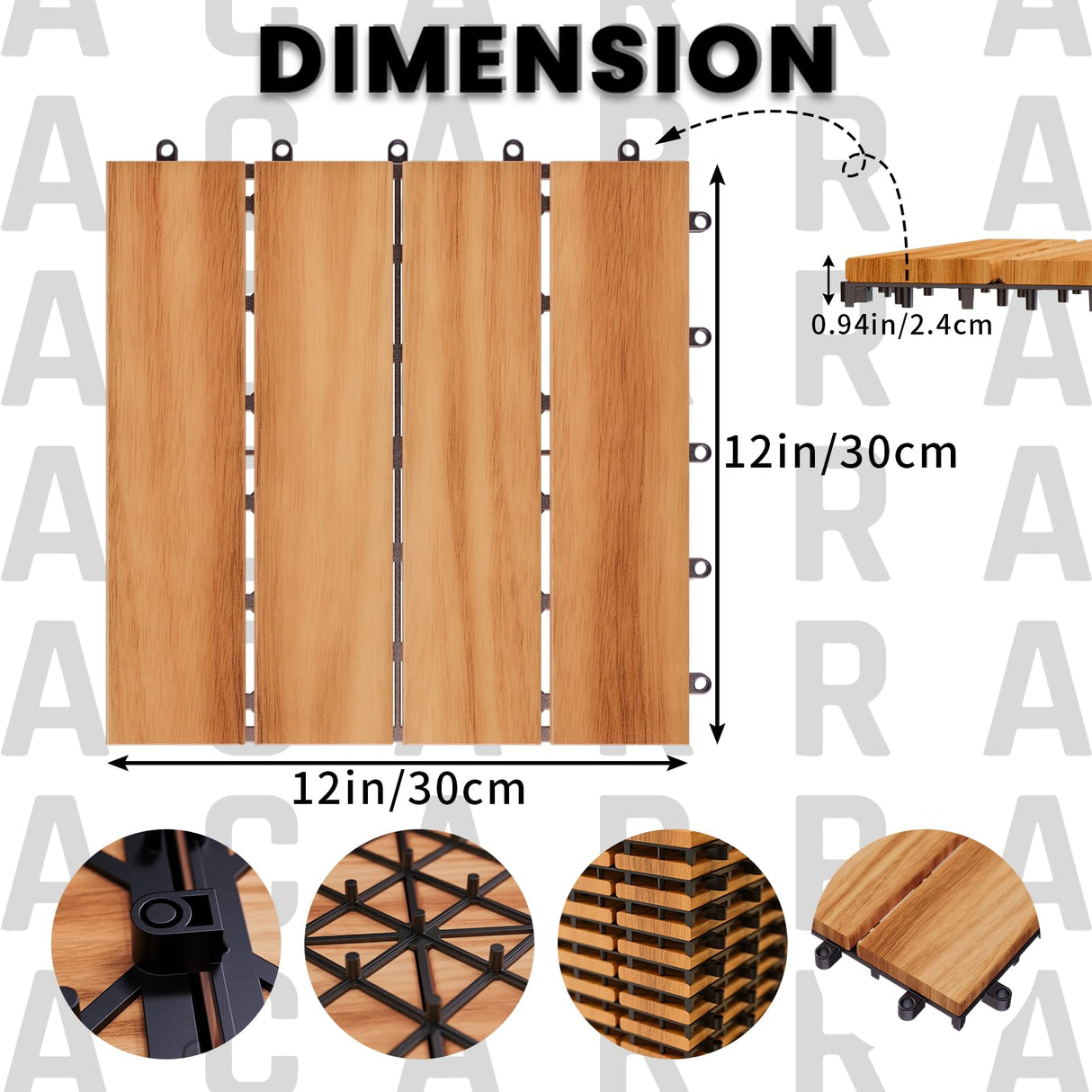 Acarra 27pcs Golden Select Composite or Rubber Interlocking Deck Tiles -12" UV Resistant Waterproof Acacia Wood Look Outdoor Flooring, Easy No-Tool Installation Acarra