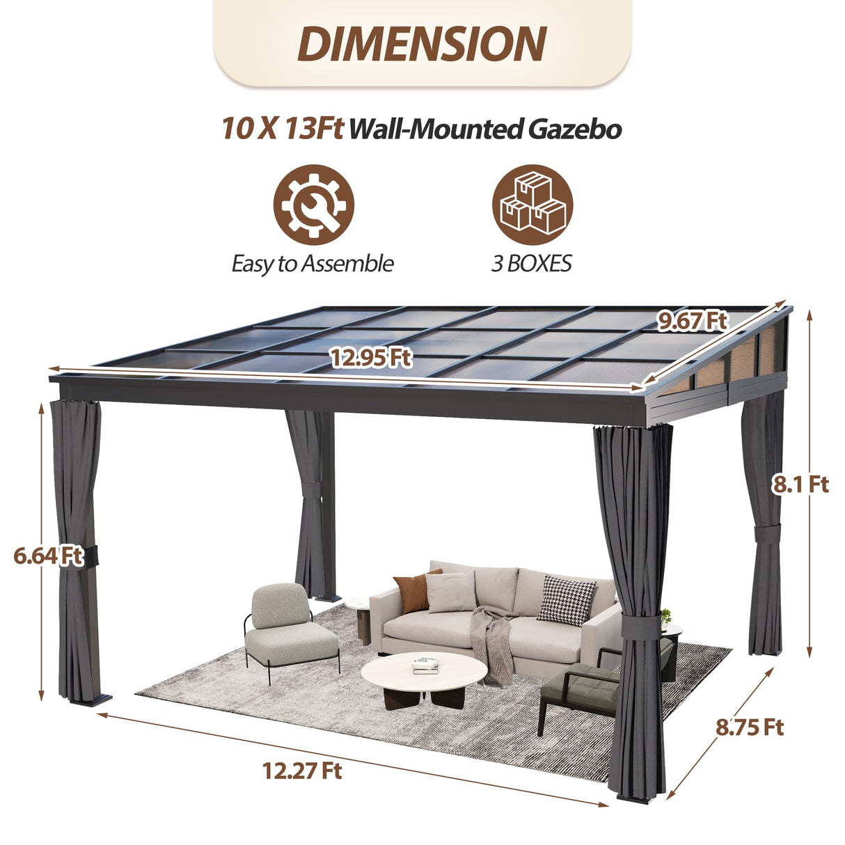 Raysfung 10' x 13' Polycarbonate Hardtop Gazebo,Wall Mounted Gazebo with Aluminum Frame Lean to Gazebo Pergola with Sloping Roof for Outdoor, Backyard, Patio Raysfung