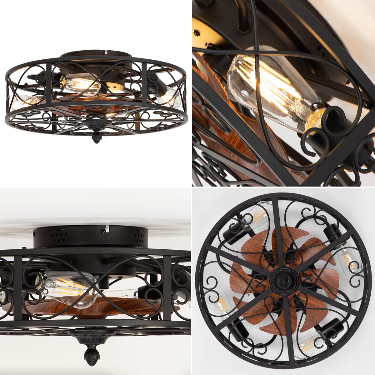 SHLUCE Caged Flush Mount Ceiling Fan with Lights, Farmhouse Rustic Bladeless Ceiling Fans with Lights and Remote, Low Profile Small Enclosed Ceiling Fan with Light for Bedroom, Kitchen, Black SHLUCE