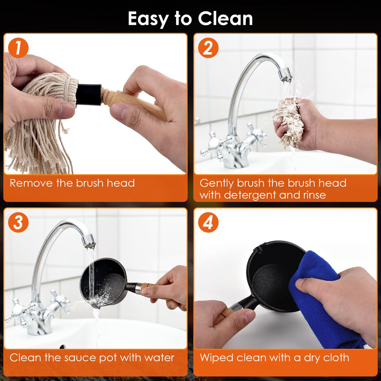 BBQ Mop Brush and Cast Iron Sauce Pot Set, 8Pcs Barbecue Accessories Include Basting Melting Pot, 2 Size Wooden Handle Sauce Mops with 4Pcs Replacements and Oil Brush for Meat Smoker, Grill, Stove PACETAP