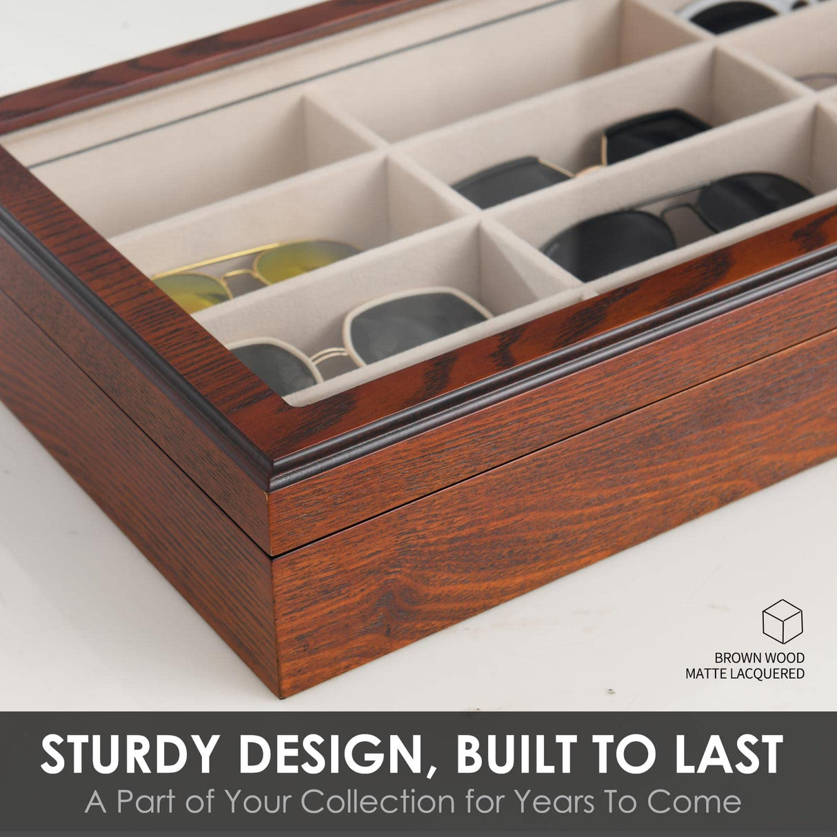 SYENS Wood 12 Slots Sunglasses Organizer Box, Eyeglasses Storage Display Case -Top Glass Window and Key Lockable Holder Sunglasses Case (GB12-RC) SYENS