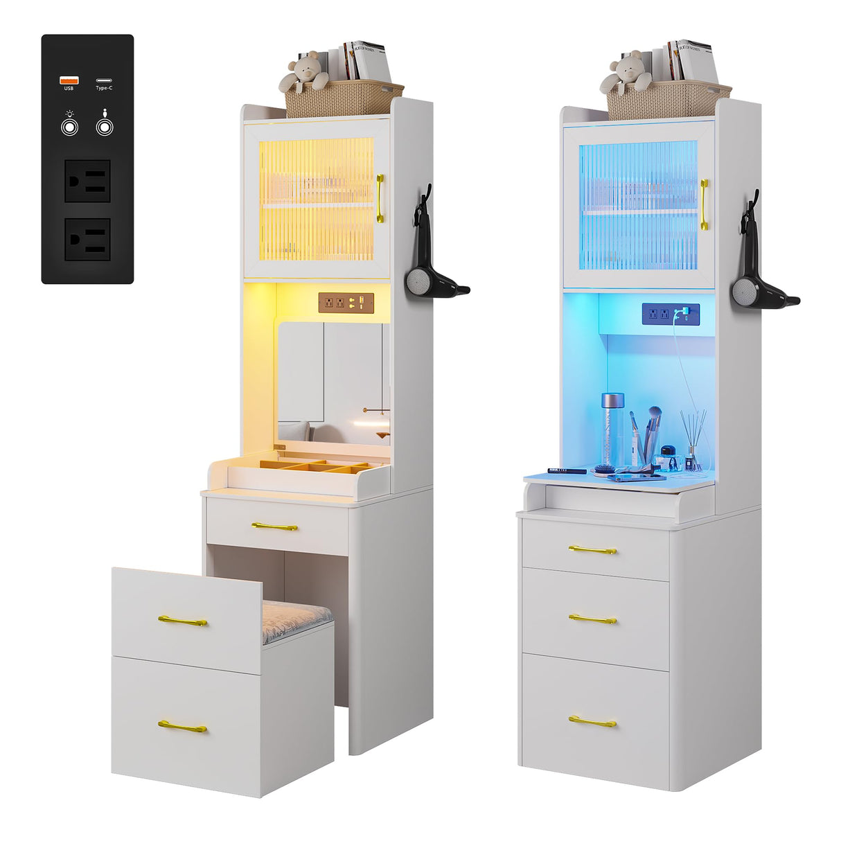 WOOVIVS Small Vanity Desk with Plip-up Mirror and Lights, Makeup Vanity Dresser with Charging Station, LED Vanities Dressing Table Set with Drawers&Stool for Bedroom,Checkroom (White,1PCS) WOOVIVS