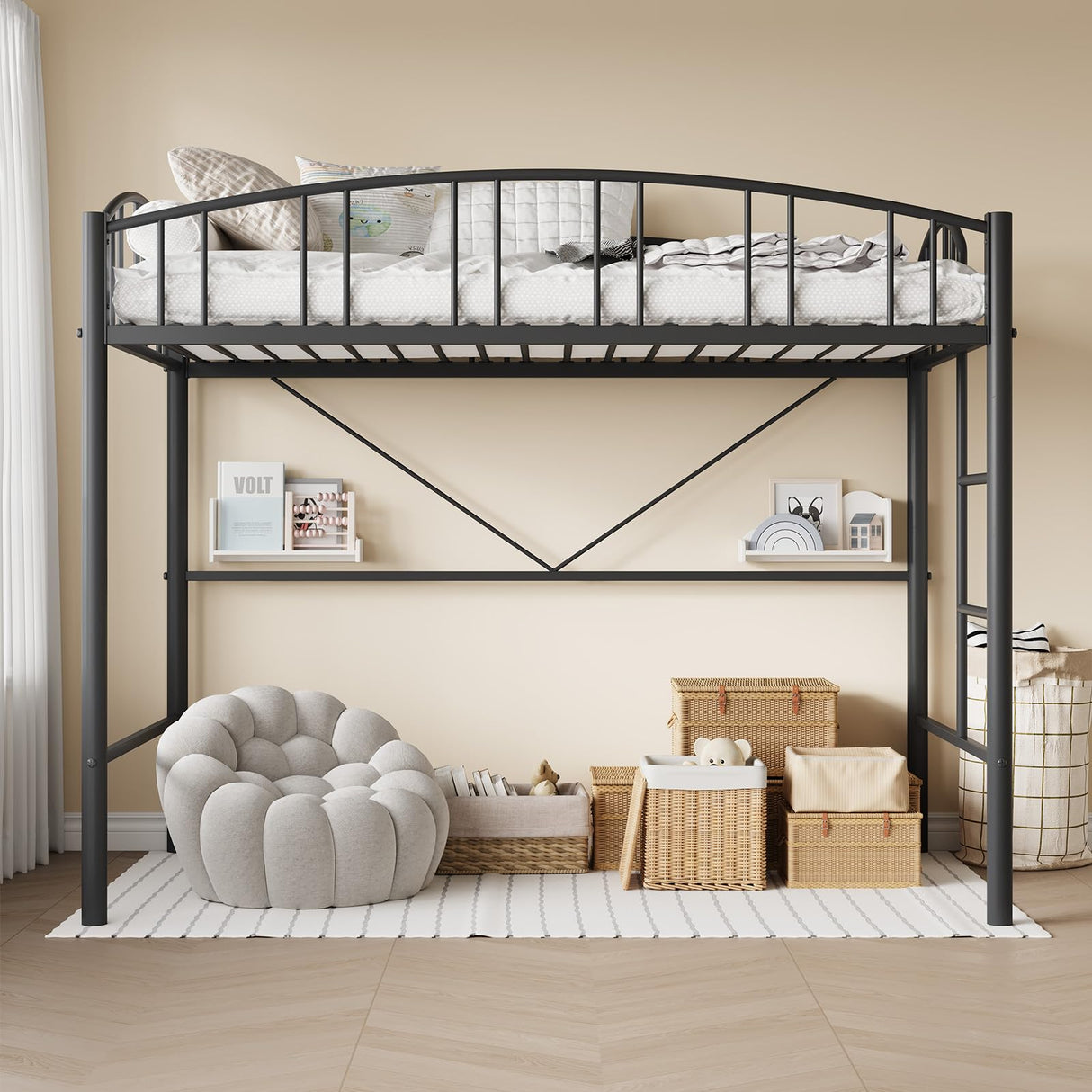 Garvee Loft Bed Twin Size with Ladde and Arched Guardrail, Heavy Duty Metal Loft Bed Frame for Kids and Adults, Sturdy Steel Slats Support, Small Space Saving Design, No Box Spring Needed, Black Garvee