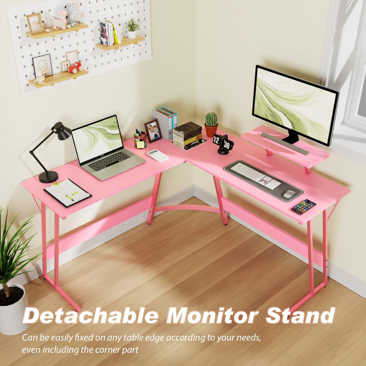 Yewuli 51-inch L Shaped Gaming Desk,Girl‘s Computer Desk, Pink L Shaped Desk for Gaming,Home Office Desks with Detachable Monitor Stand, Corner Desk for Corner,Large,Carbon Fiber,Pink Yewuli