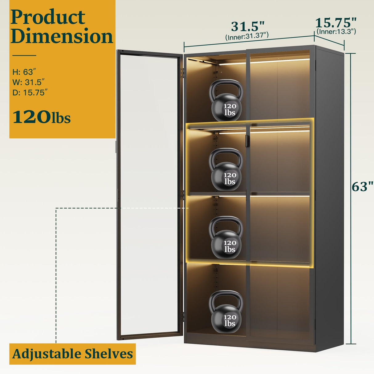 Eltean Display Cabinet with Glass Doors and LED Lights, Glass Display Case with 3 Adjustable Shelves,4 Tier of Storage Space Curio Cabinet for Bedroom Living Room Homeoffice Dining Room Eltean