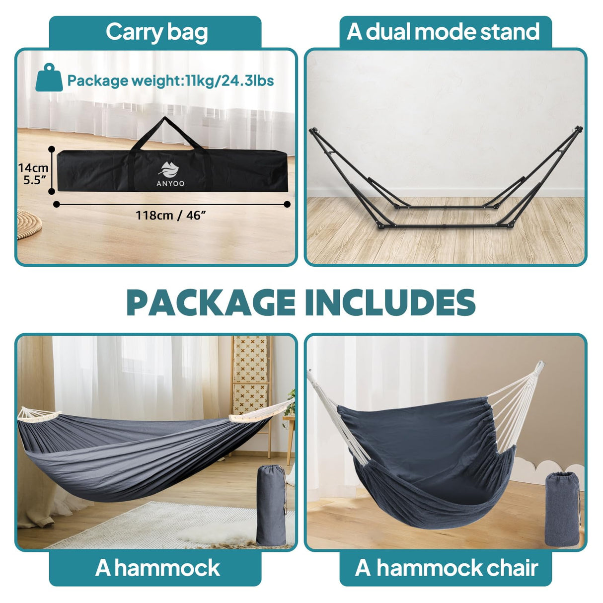 Anyoo 2 in 1 Hammock and Swinging Chair with Collapsible Steel Stand & Carrying Case,Portable & Adjustable,Easy Set Up for Outdoor,Indoor,Porch Swing,Patio,Garden,Camping Trip ANYOO