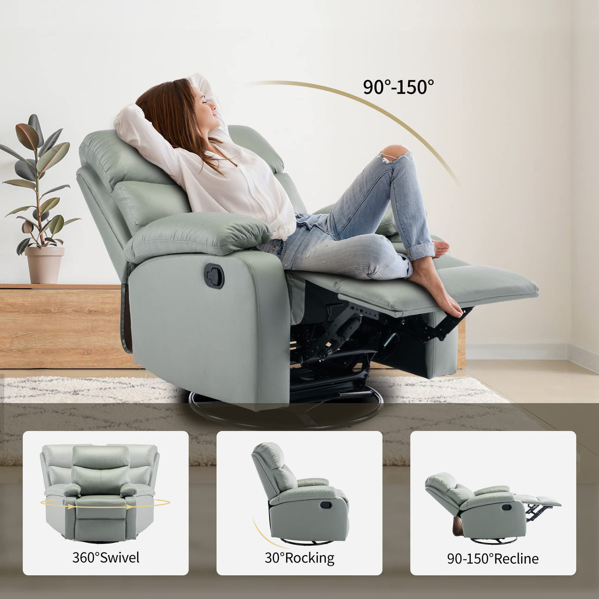 GNMLP2020 Swivel Rocker Recliner Chair for Adults, Rocking Recliner Chair, Manual Small Recliners for Small Spaces, Single Sofa Recliner for Living Room, RV, Green GNMLP2020