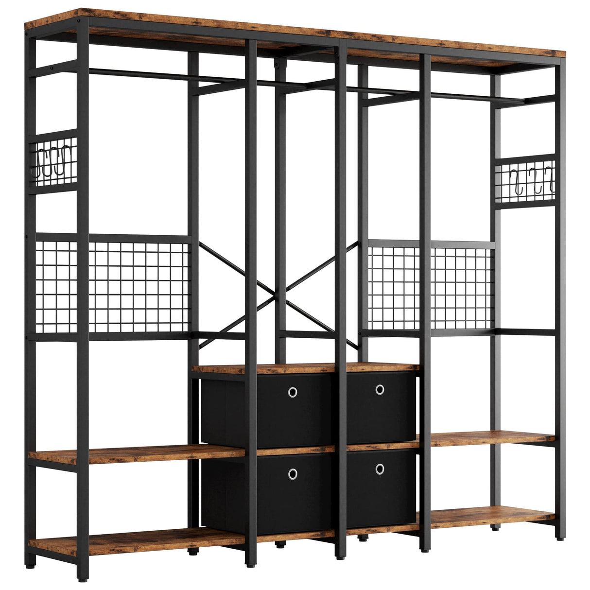 IRONCK Garment Racks with Shelves 4 Drawers and 8 Hooks Heavy Duty Closet Organizer for Hanging Clothes, Freestanding Closet Wardrobe Rack, Vintage Brown IRONCK