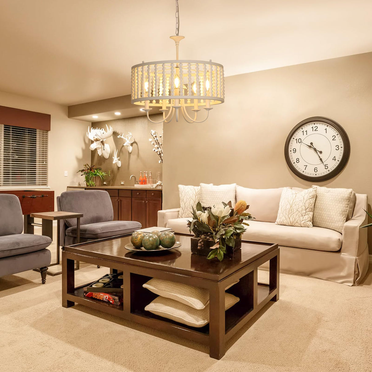 LAMSU Farmhouse Chandeliers for Dining Room, 5-Light Boho Wood Chandelier Light Fixture with Solid Wooden Beaded Shade, Modern Drum Chandeliers for Living Room Kitchen Island Bedroom Foyer, White LAMSU