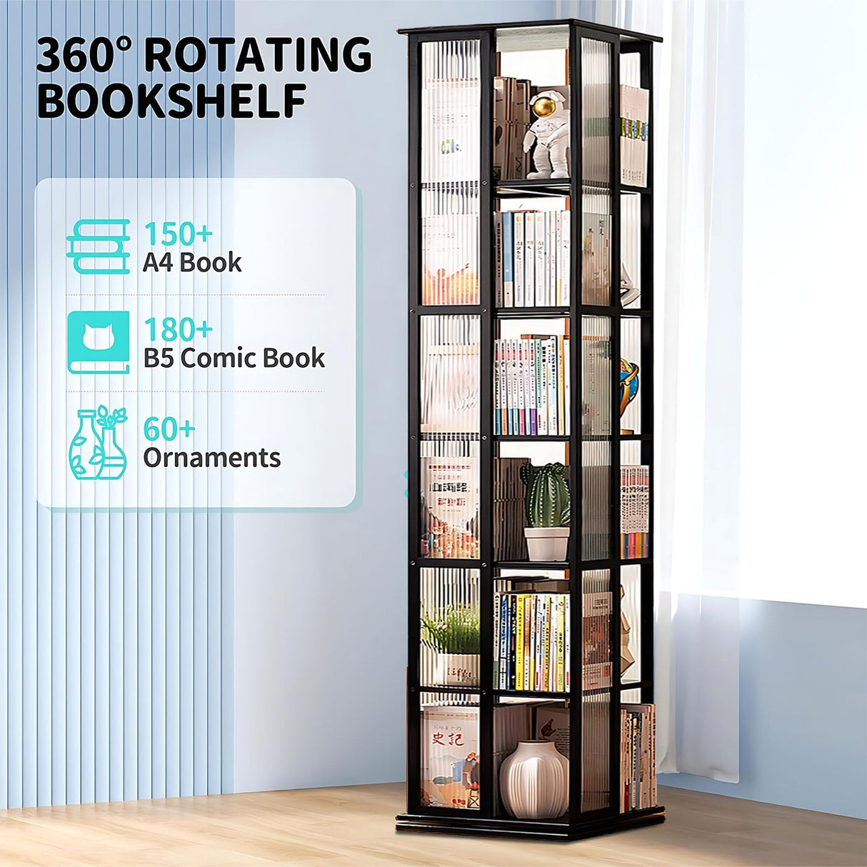 HMBTCRY Rotating Bookshelf, 360 Display Spinning Bookshelf, 6 Tier Rotating Bamboo Bookshelf for Living Room, Bedroom, Study Room (Black) HMBTCRY