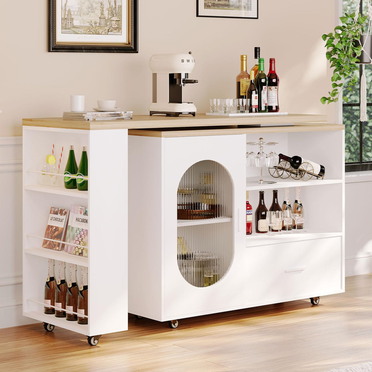 HSH 72.4” Rolling Kitchen Island with Swivel Table, Storage Cabinet, Drawers & Shelves, White Modern Mobile Island Cart on Wheels, Farmhouse Wood Island Table for Kitchen, Dining Room, Home Bar HSH