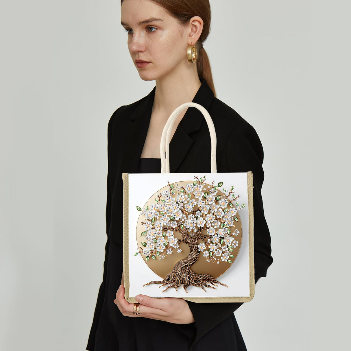 DIY Diamond Painting Canvas Tote Bag with Blooming Tree and White Flowers, Crystal Diamond Art Handbag for Adults, Reusable Hand Storage Bag with Handles, Portable Storage Bag for Woman Man antor
