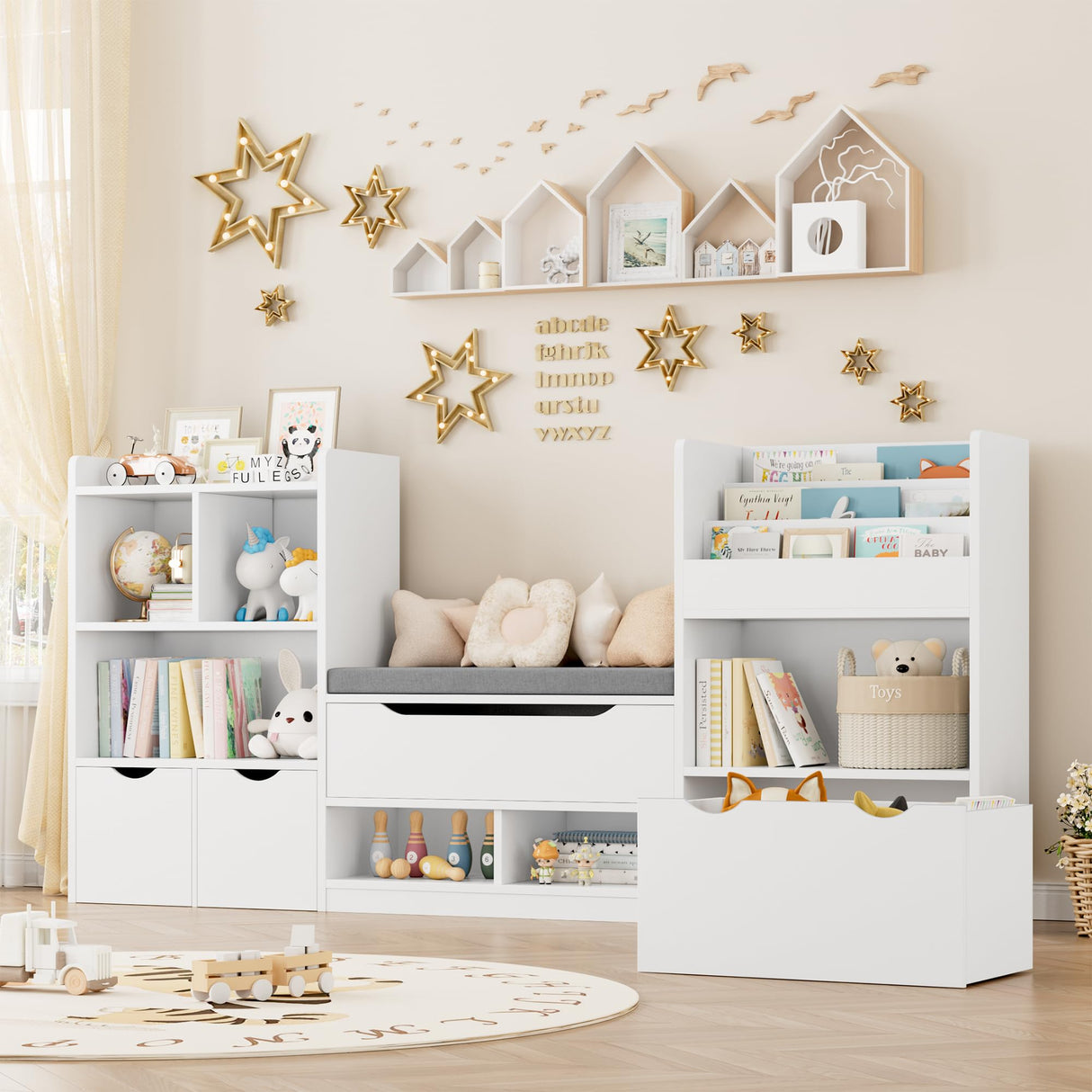 FOTOSOK 72” Kids Bookshelf with Reading Nook, Large Toy Storage Organizer with Seat Cushion and 3 Movable Drawers, Kids Reading Nook Toy Organizers and Storage with Bench for Living Room, White FOTOSOK