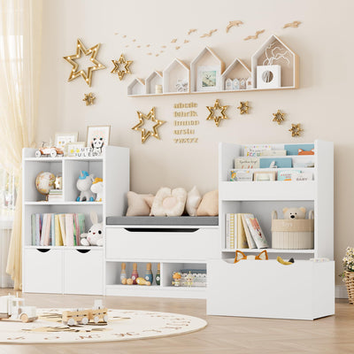 FOTOSOK 72” Kids Bookshelf with Reading Nook, Large Toy Storage Organizer with Seat Cushion and 3 Movable Drawers, Kids Reading Nook Toy Organizers and Storage with Bench for Living Room, White