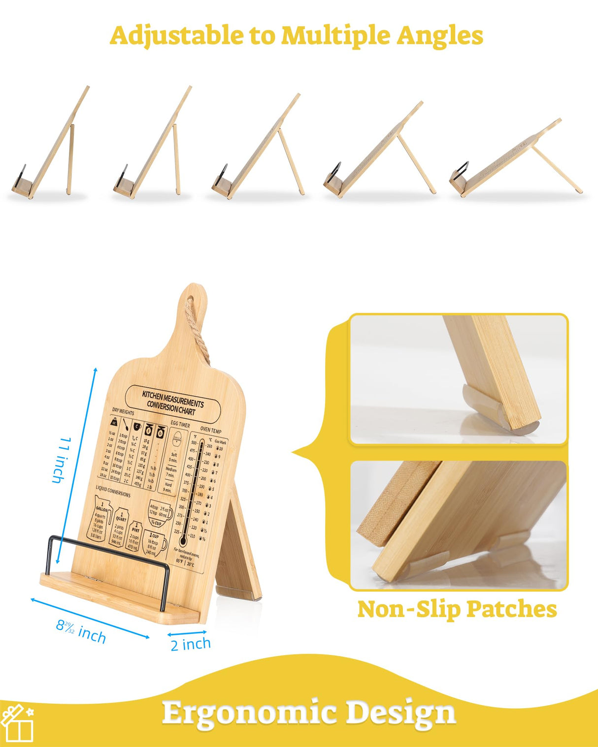 IKEDAS Bamboo Cookbook Stand, Sturdy Cook Book Holder, Recipe Book Holder with Measurement Conversion Chart, Cookbook Stand for Kitchen Counters, Essential Accessories for Holding Cookbooks ikedas