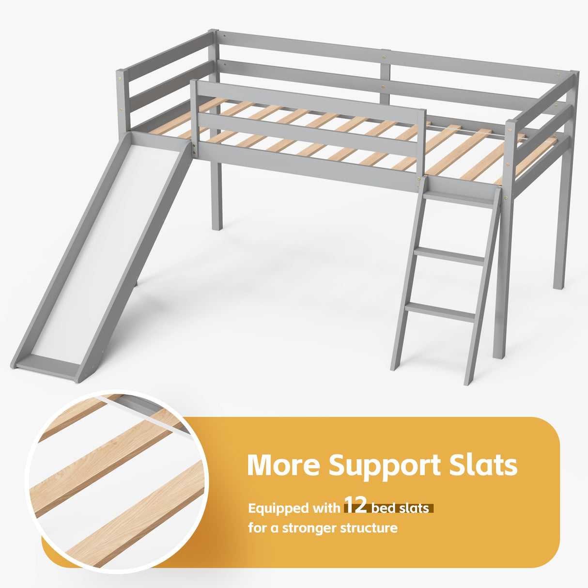 TOLEAD Low Loft Bed with Slide, Wood Twin Loft Bed Frame with Climbing Ladder & Storage Space for Kids Toddler (Grey) TOLEAD