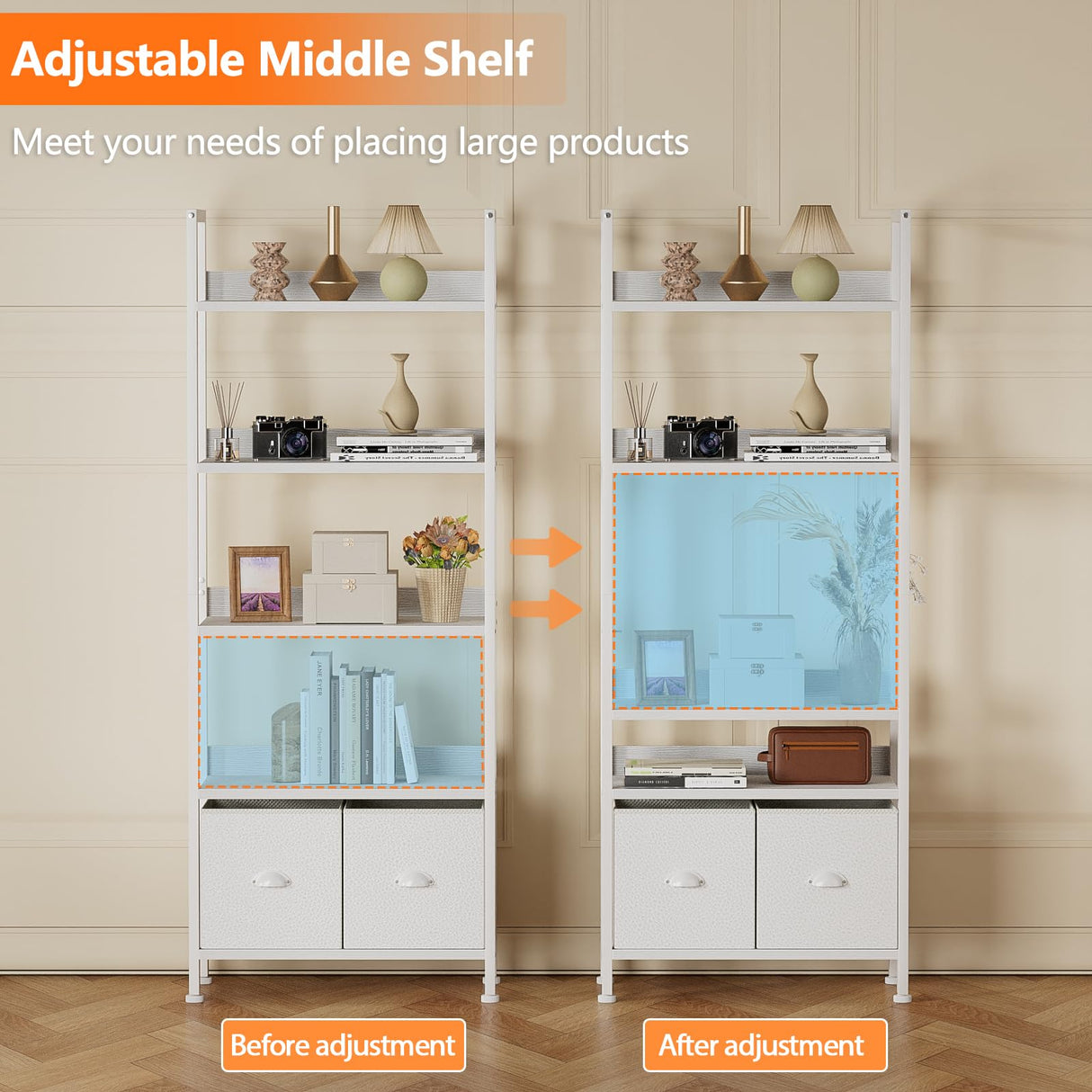 Furologee 5 Tier Bookshelf with Drawers, White Tall Bookcase with Shelves, Wood and Metal Book Shelf Storage Organizer, Modern Display Free Standing Shelf Unit for Bedroom, Living Room, Office Furologee