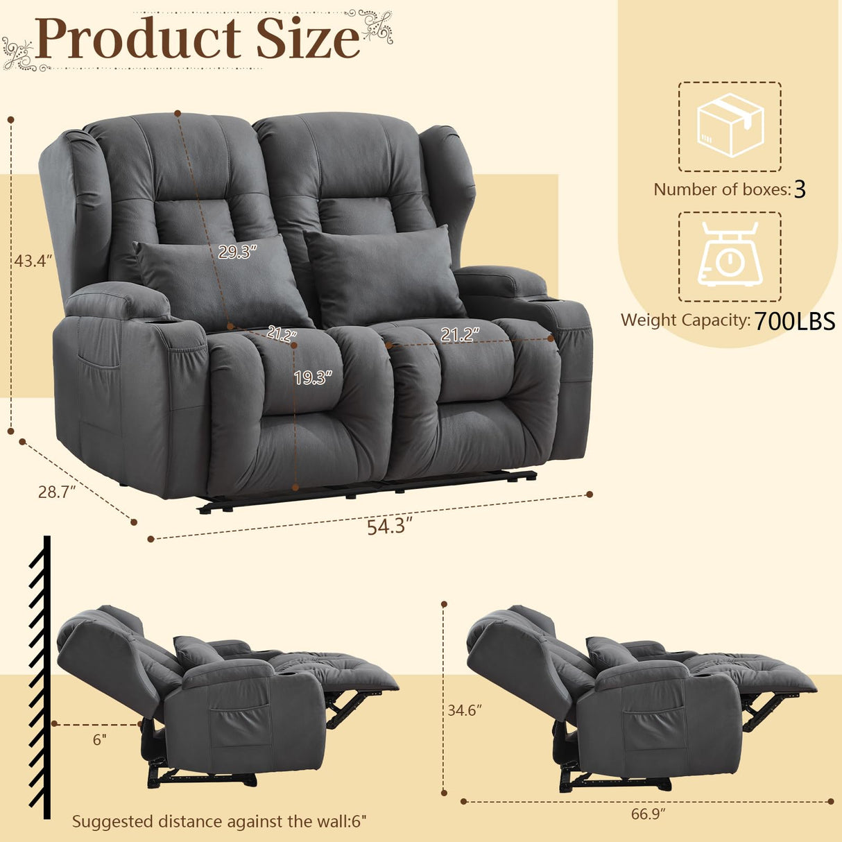 SAMERY 54.2" RV Loveseat Recliner Sofa, Manual Recliner Loveseat RV Sofa Home Theater Seating with Arm, Cup Holders and Side Pocket for Living Room/Office/Apartment SAMERY
