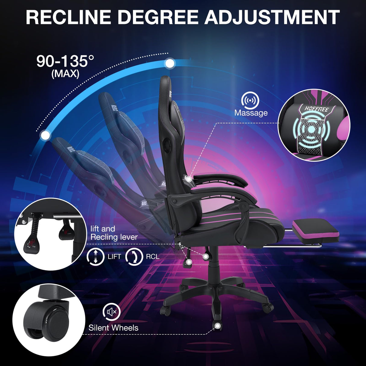 HOFFREE LED Gaming Chair Massage with Speakers Game Chair Big and Tall with Footrest Gamer Chair for 400lbs Computer Desk Chair for Adults Purple and Black HOFFREE