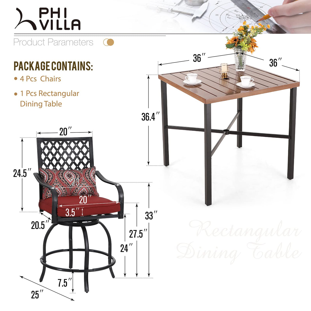 PHI VILLA 5 pcs Outdoor Bar Set, Outdoor Swivel Bar Stool with Red Seat Cushion and Lumbar Support,Extra Large Metal Bar Table with Umbrella Hole for Poolside Garden PHI VILLA