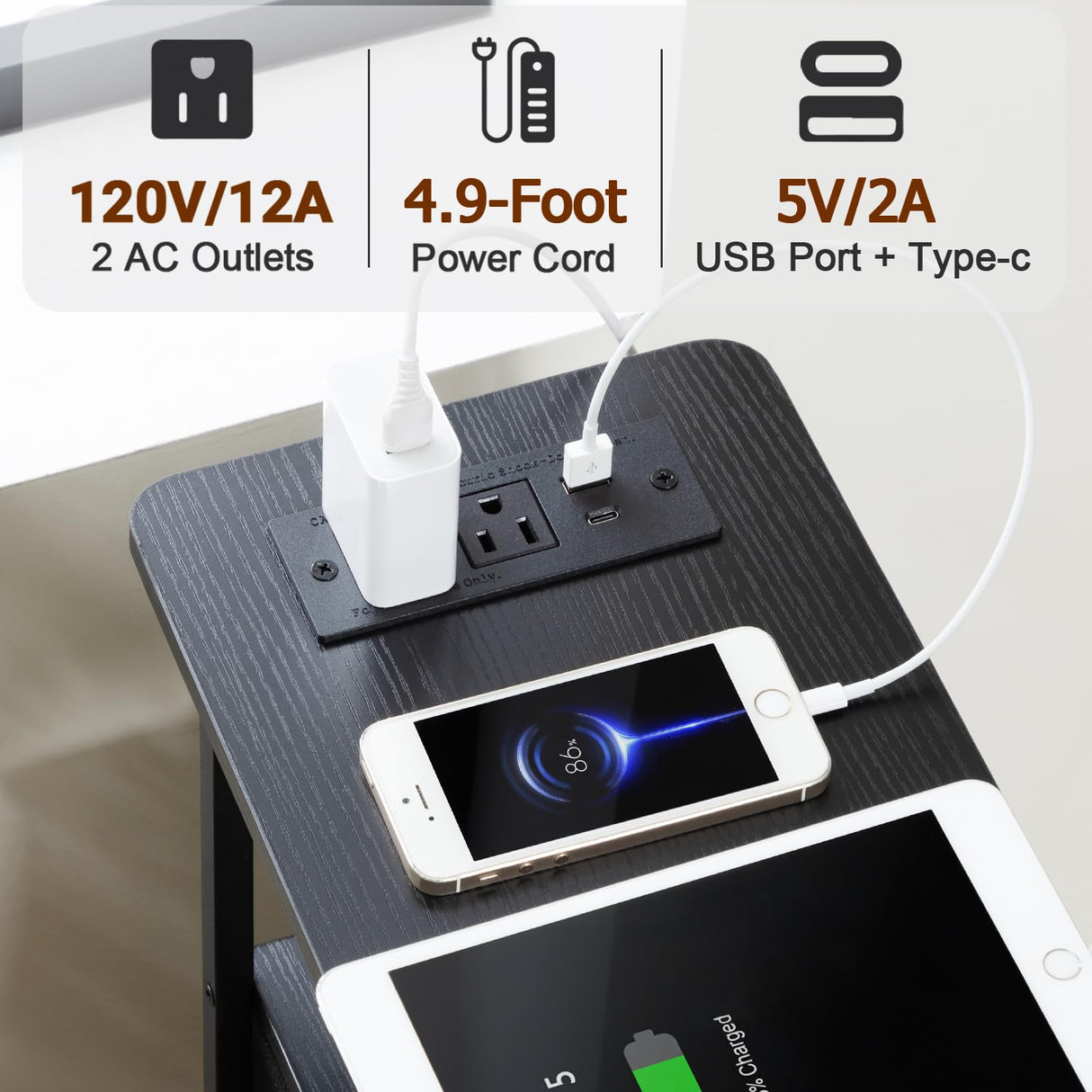 LOAKEKEL Narrow End Table Living Room with Charging Station, Skinny Side Table with Fabric Drawers, Slim LED Nightstand for Bedroom, Small Spaces, Couch, Black, HETNDP02LBK-1 LOAKEKEL