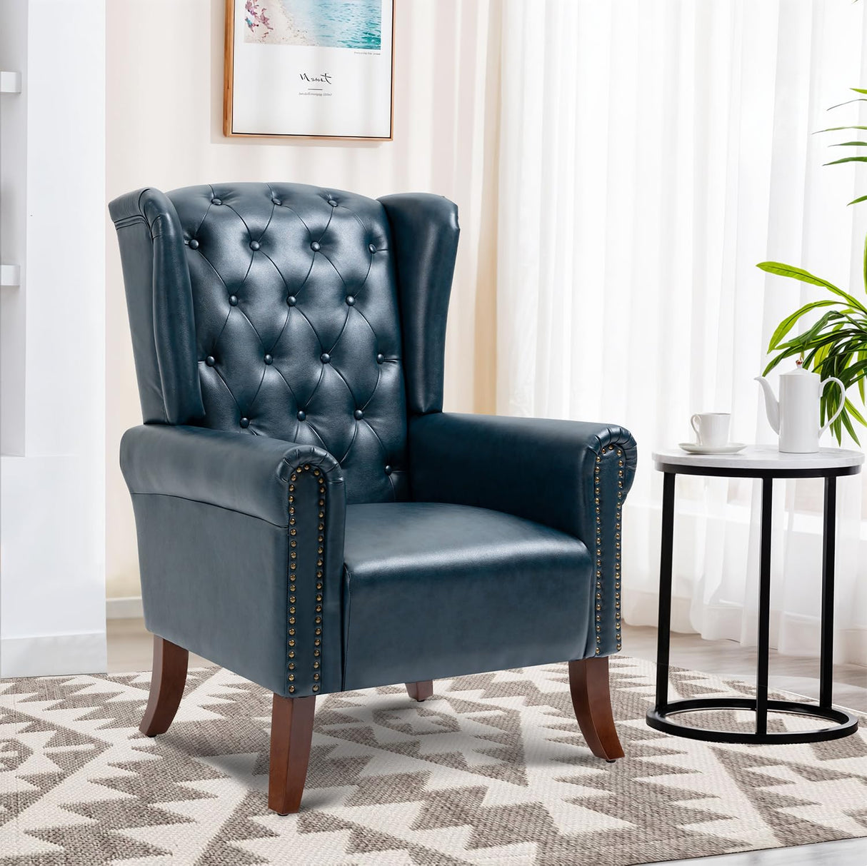 LOVSPATIO PU Leather Accent Chair Set of 2, Modern Upholstered Living Room Chair Sofa Chair with Wooden Legs, Wingback Armchair Club Chair for Bedroom,Study Room, Lounge (Dark Blue) LOVSPATIO