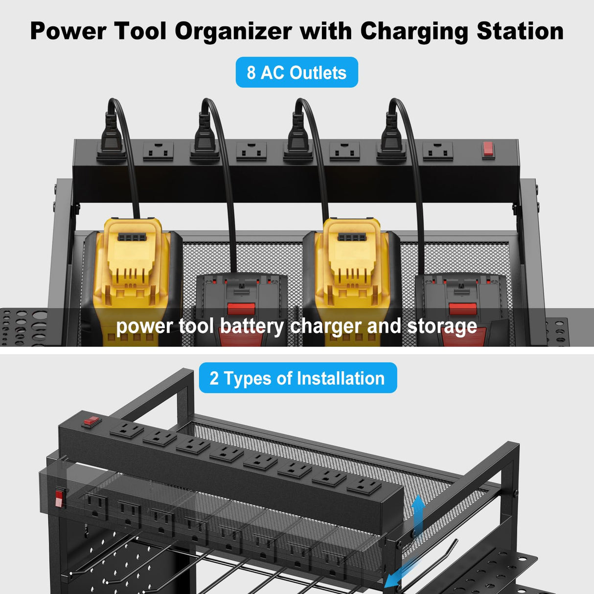 JUNNUJ Power Tool Organizer Floor Stand with Charging Station, Garage Adjustable Storage Rack Utility Tool Shelf with 8 Outlet Power Strip, Heavy Duty Drill and Battery Holder, Black JUNNUJ