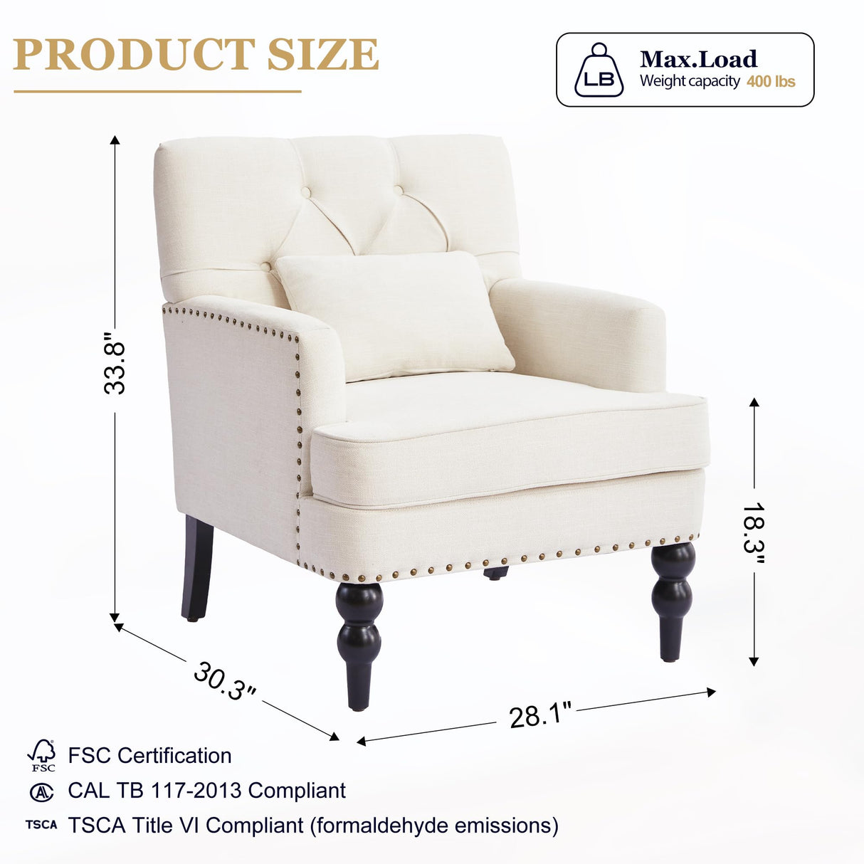 HUIMO Tufted Club Chair Set of 2,Accent Chair with Lumbar Pillow, Upholstered Button Armchair, Fabric Sofa Chairs for Bedroom, Living Room, Mid Century Modern with Studded Reading Chair(2,Beige) HUIMO