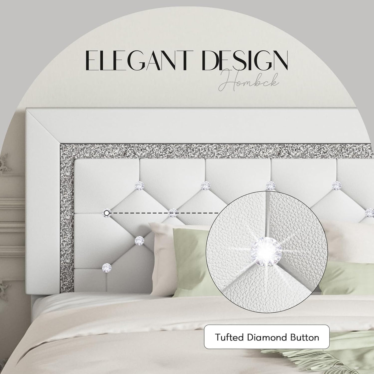 HOMBCK Twin Bed Frame with Diamond Headboard, Faux Leather Upholstered Platform Bed, Mattress Foundation, No Box Spring Needed, Easy Assembly, Pearlized White HOMBCK