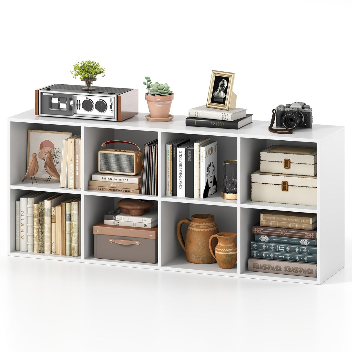 Tangkula 8-Cube Bookcase, Large Floor Standing Horizontal Bookshelf with 8 Open Shelves & 2 Anti-Tipping Kits, Home Office Wooden Storage Book Shelf for Living Room, Study (White, 8-Cube) Tangkula