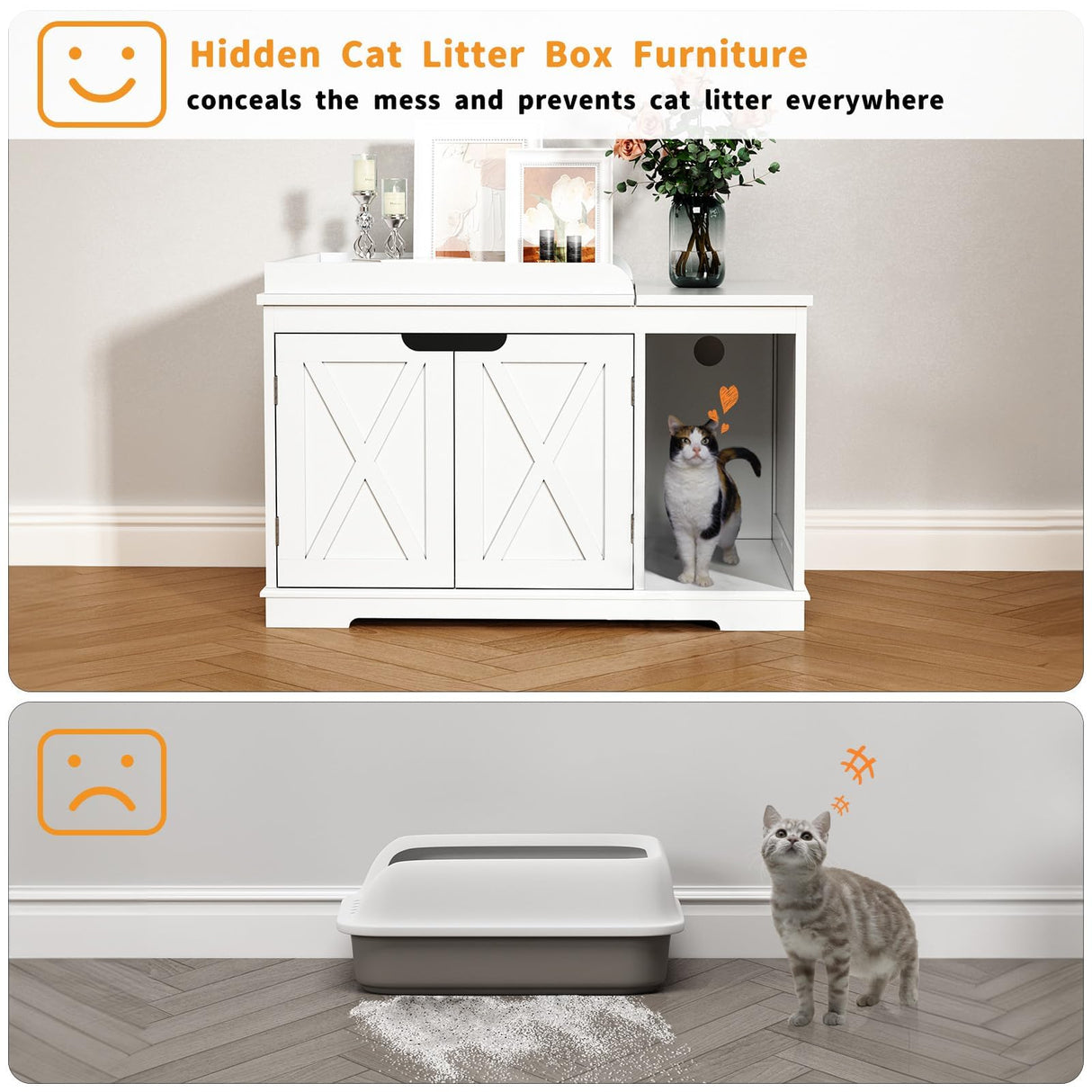 PUPETPO Flip Top Cat Litter Boxes Enclosure Covered Litter Box Hidden Furniture Wooden Cat Washroom Cabinet for Kitty, Medium and Large Cat White PUPETPO