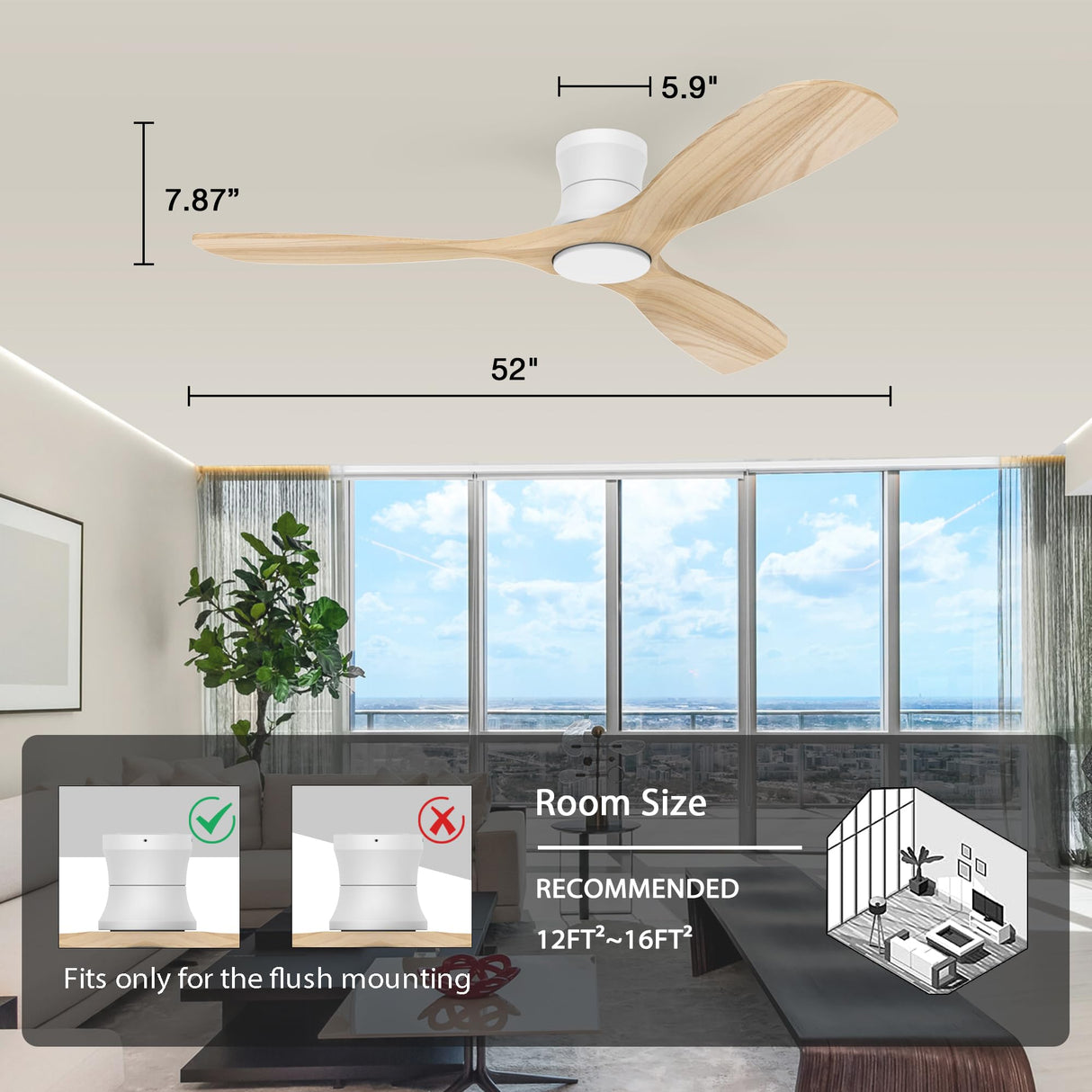 Livory Smart 52” Wood Flush Mount Ceiling Fans with Lights and Remote,Quiet DC Motor,Outdoor Indoor Ultra Low Profile Ceiling Fan works with Alexa WIFI APP,Modern White Ceiling Fan for Bedroom Patio Livory