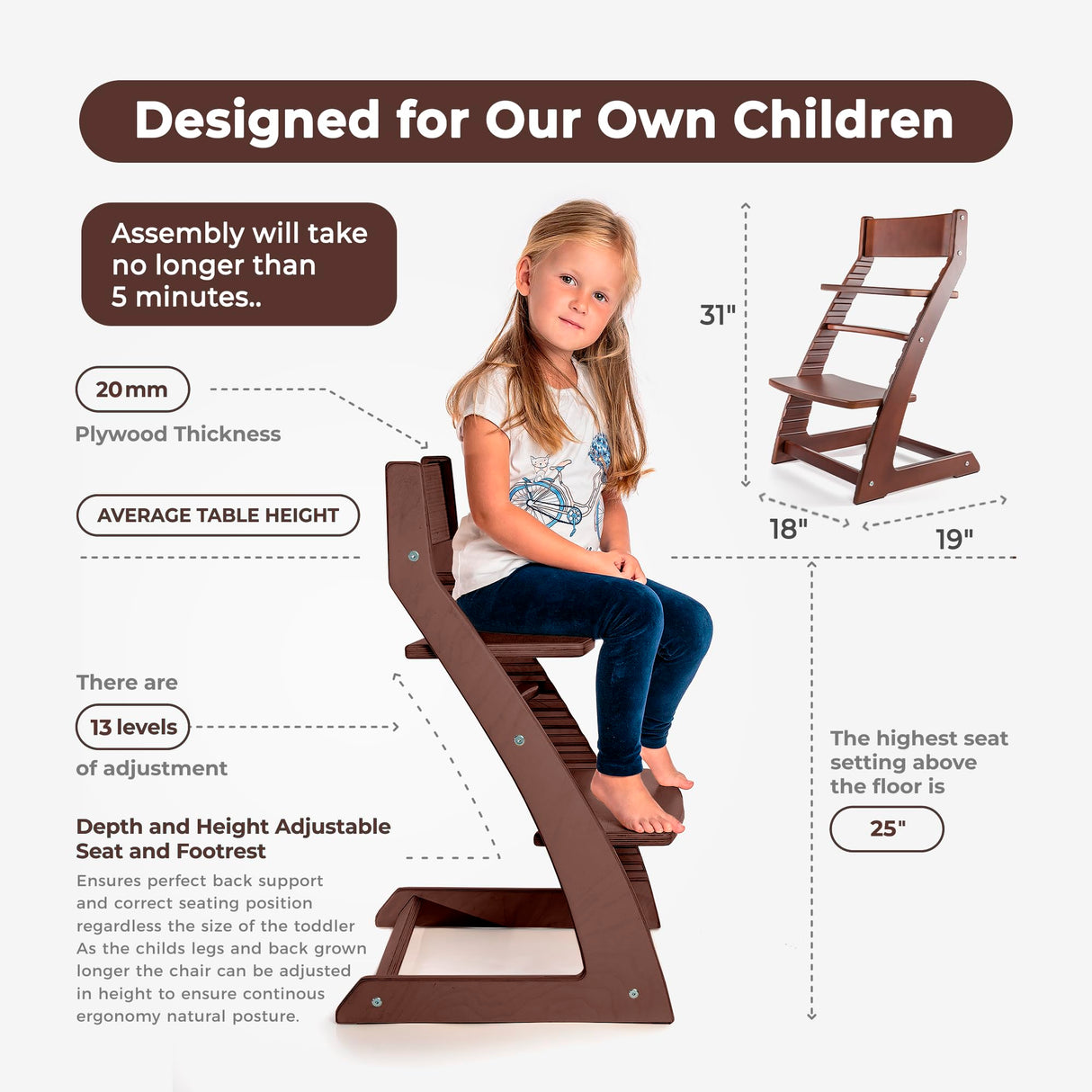 FORNEL Wooden High Chair for Babies and Toddlers - Adjustable Height Easy to Clean Toddler Highchair - Kids Dining Chair from 3 Years to 200 Lb, Grow with Child (Dark Walnut) Fornel