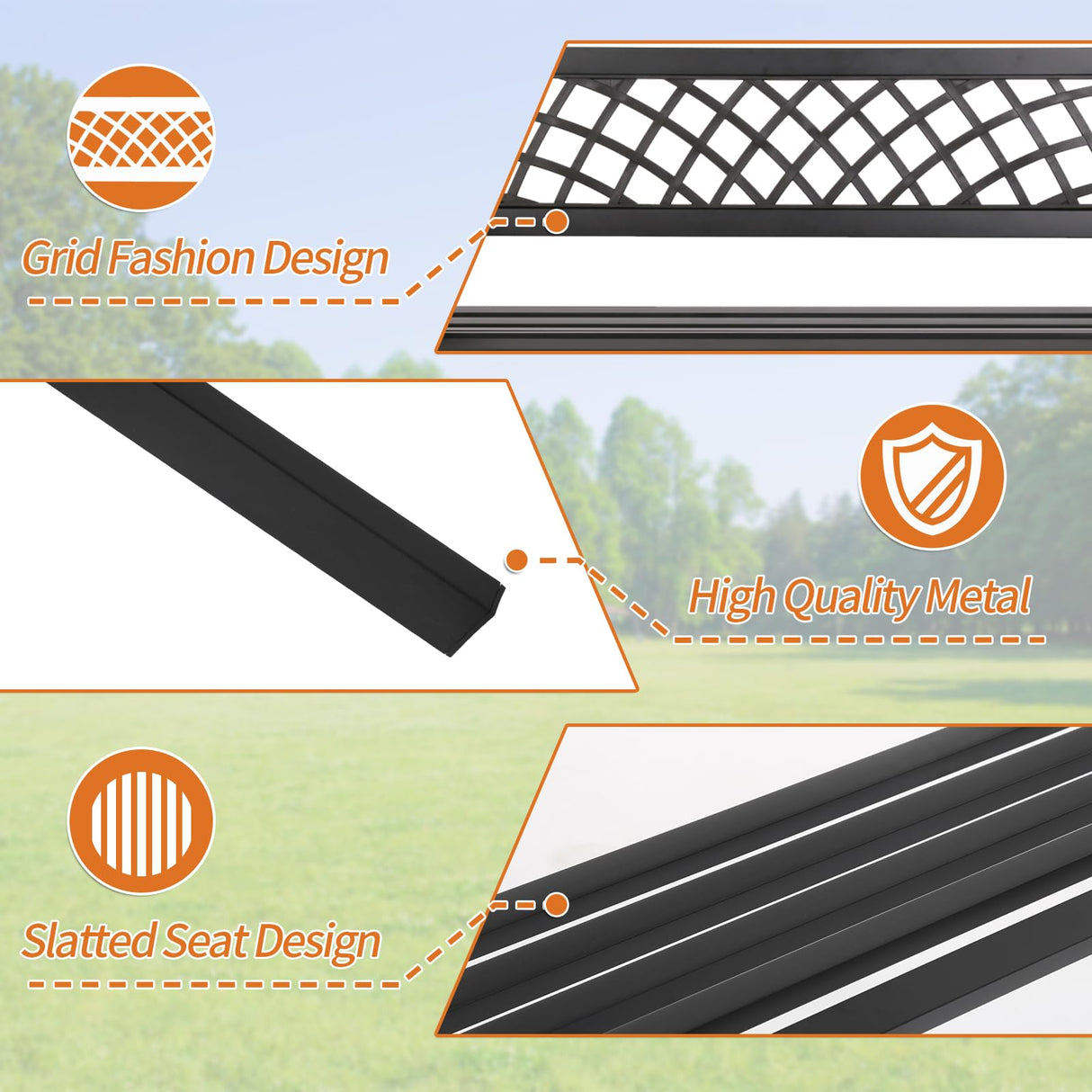 BSTOPHKL Outdoor Bench,Patio Garden Benches,Metal Weatherproof Porch Bench with Grid-Patterned Backrest and Armrest for Park Courtyard Porch,Bearing Capacity 480lbs,Black BSTOPHKL