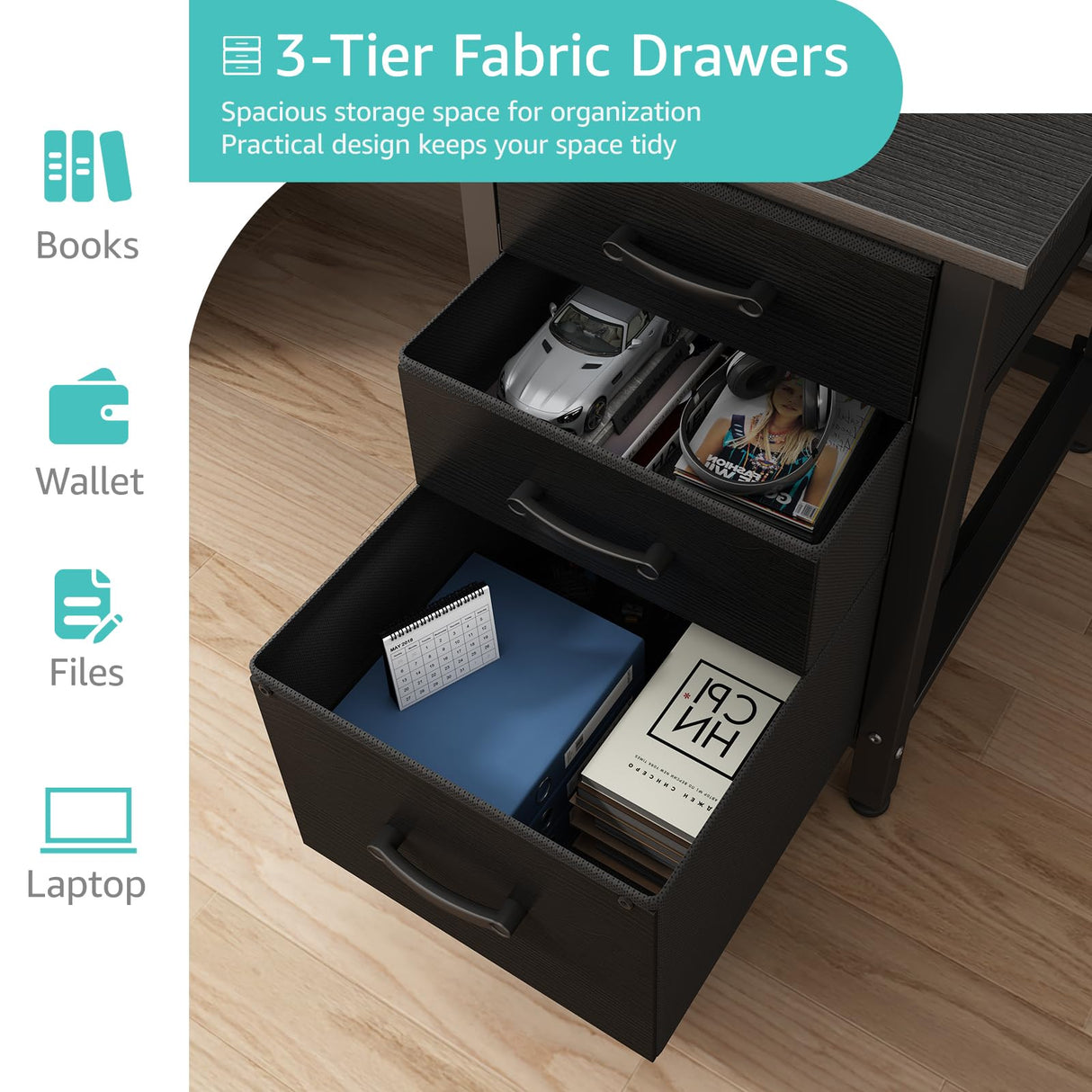 Lufeiya Computer Desk with File Drawers Cabinet, 47 Inch Home Office Desks with Filing Cabinet for Small Space, Gaming Study Writing Table PC Desks, Black Lufeiya