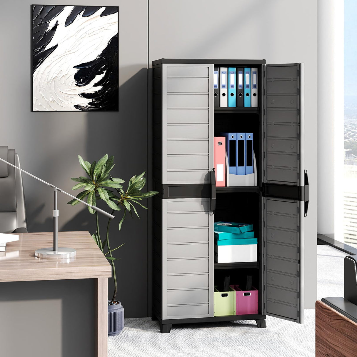 LOKO 68” Plastic Storage Cabinet, Vertical Storage Shelving Unit with Lockable Double Doors & Adjustable Shelves, Utility PP Garage Storage Organizer for Office, Basement and Laundry Room, Grey LOKO