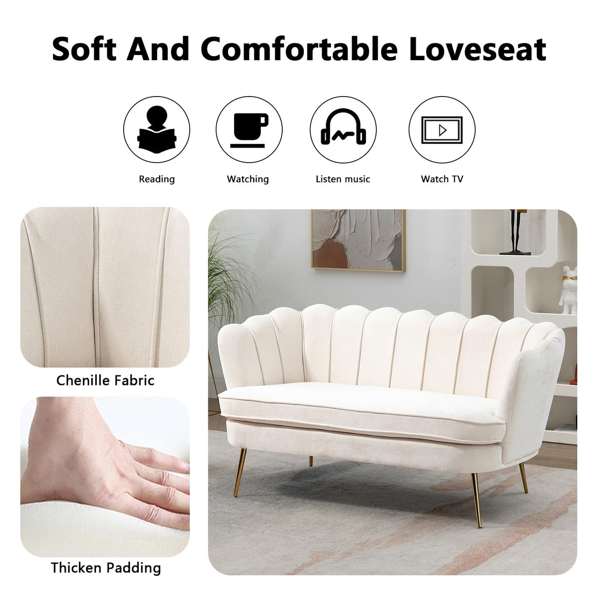 Anwick 59" Small Modern Chenille Loveseat Sofa, 2-Seater Sofa with Gold Metal Legs, Small Couch with Flower Shaped Back for Living Room Bedroom Office (Beige) Anwick