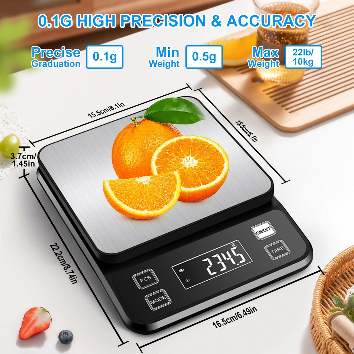 22lb Waterproof IPX67 Kitchen Scale with 0.1g/0.001oz High Precision, Diyife Large Stainless Steel Food Scale, 10 Unit, Washable, Hangable, USB Rechargeable, LCD Display, for Cooking, Baking Diyife