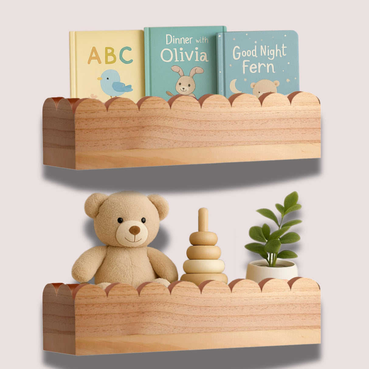 Green Goods Supply Scalloped Shelves - Set of 2 Pre-Assembled 15.6inch Floating Nursery Book Shelves, Scalloped Book Shelf - Kids Wall Bookshelf, Nursery Decor, Floating Shelves for Wall Green Goods Supply
