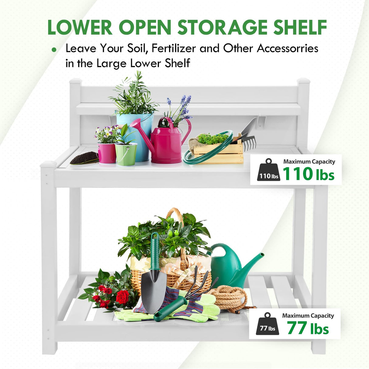 EAGLE PEAK Outdoor Indoor Maintenance Free Vinyl Garden Potting Bench, Waterproof Potting Table with Open Shelf, Lower Storage, 40inx21.6inx43.9in, White EAGLE PEAK