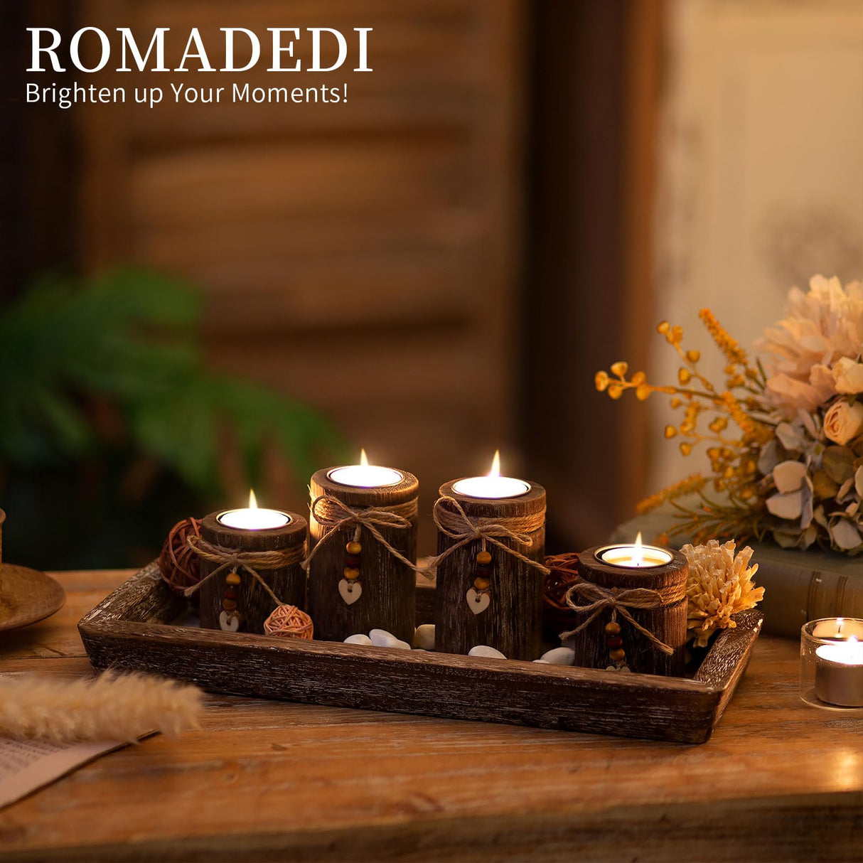 Farmhouse Coffee Table Decor Candle Holder - Romadedi Boho Wooden Tray with 4 Tealight Candles Holders for Tables Centerpiece Home Decorations Living Room Fireplace Kitchen Romadedi