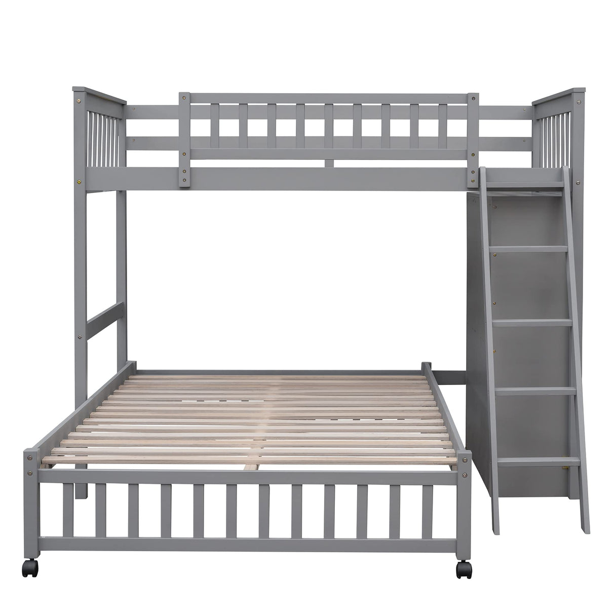 Harper & Bright Designs Twin Over Full Bunk Bed with Storage, Solid Wood Bunk Bed with 6 Drawers and 3 Flexible Shelves, Movable Bottom Bed with Wheels, for Kids Teens Adults (Gray) Harper & Bright Designs