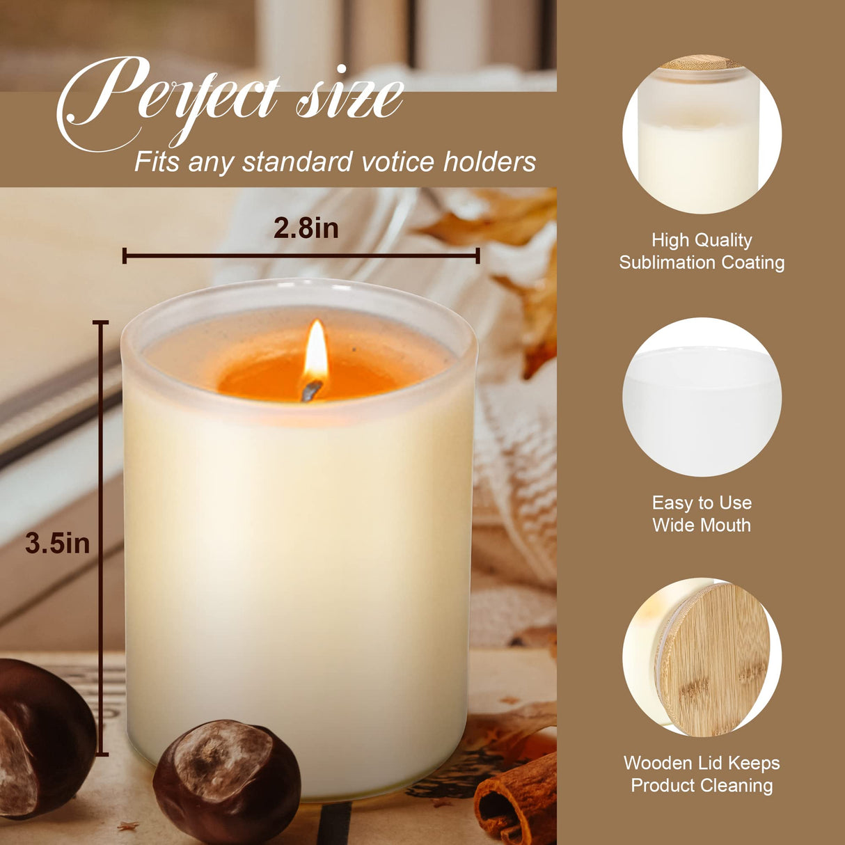 sweet grain 10oz Sublimation Glass Tealight Candle Holder with Bamboo Lids 12 Pcs Sublimation Frosted Glass Jar for Party Decorations, Birthday, Wedding and Dinner Table Decor sweet grain