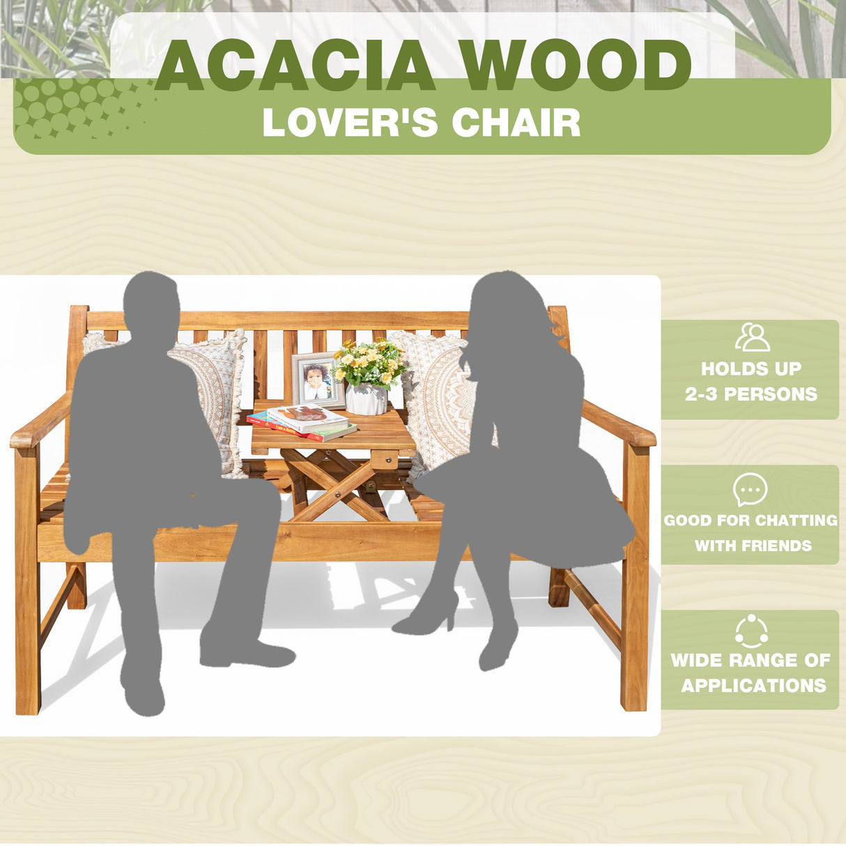 Greesum Outdoor Bench 2-Person Acacia Garden Chair Patio Porch Furniture with Foldable Small Table Plate for Deck, Yard, Balcony, Natural Greesum