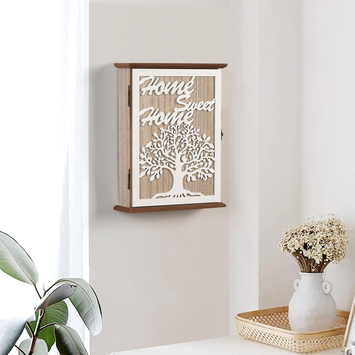 QILICHZ Key Holder Wall Mount,Decorative Key Holder for Wall, Wood Key Box,Wooden Wall Key Holder,Wood Key Rack,Farmhouse Key Rack Wall Mount,6 Hooks for Entryway Doorway Hallway,White QILICHZ