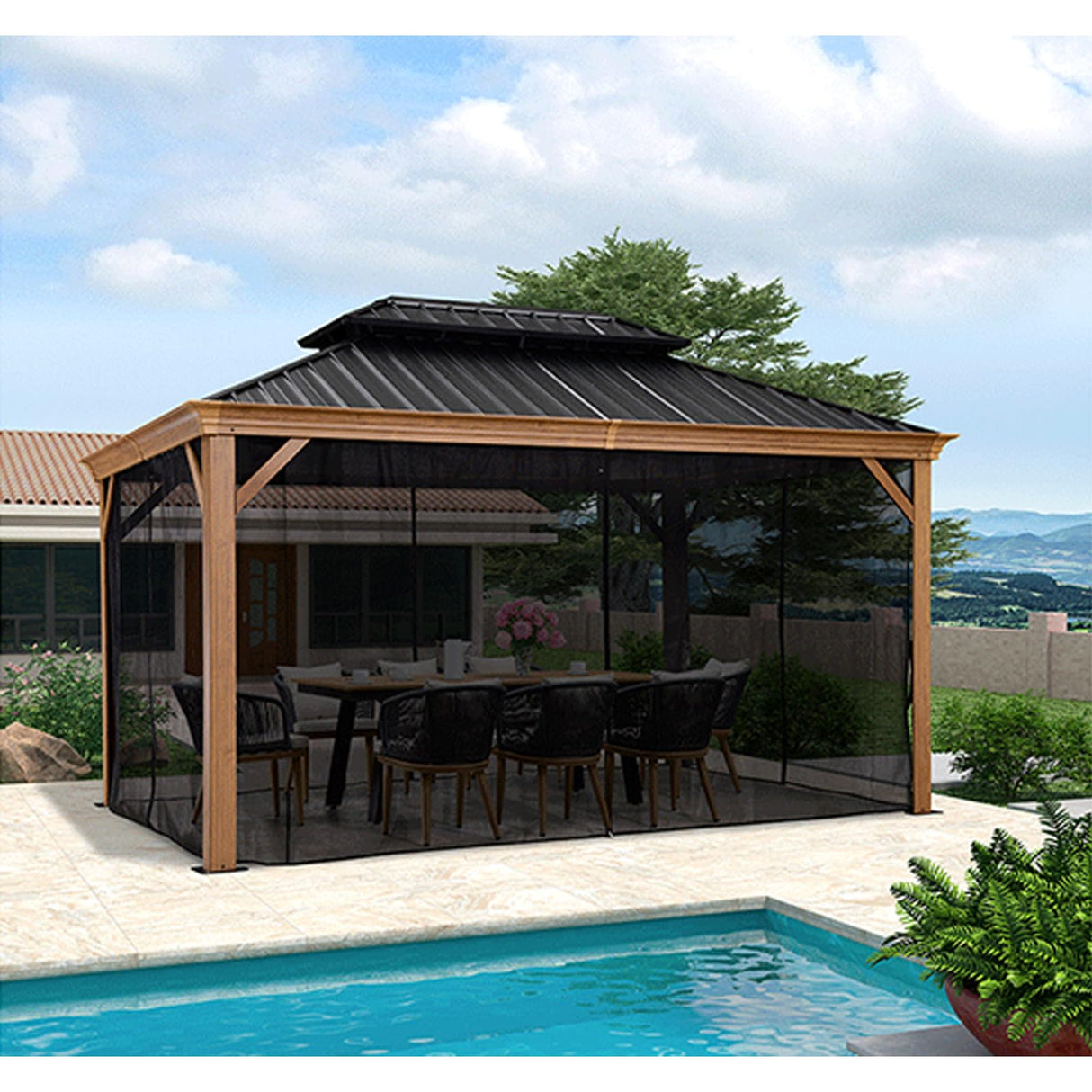 Hisecome 10' x 12' Gazebo Universal Replacement Mosquito Netting,Black Outdoor Canopy Net Screen 4-Panel Sidewall Curtain, with Zippers,Mosquito Netting(Only) Hisecome