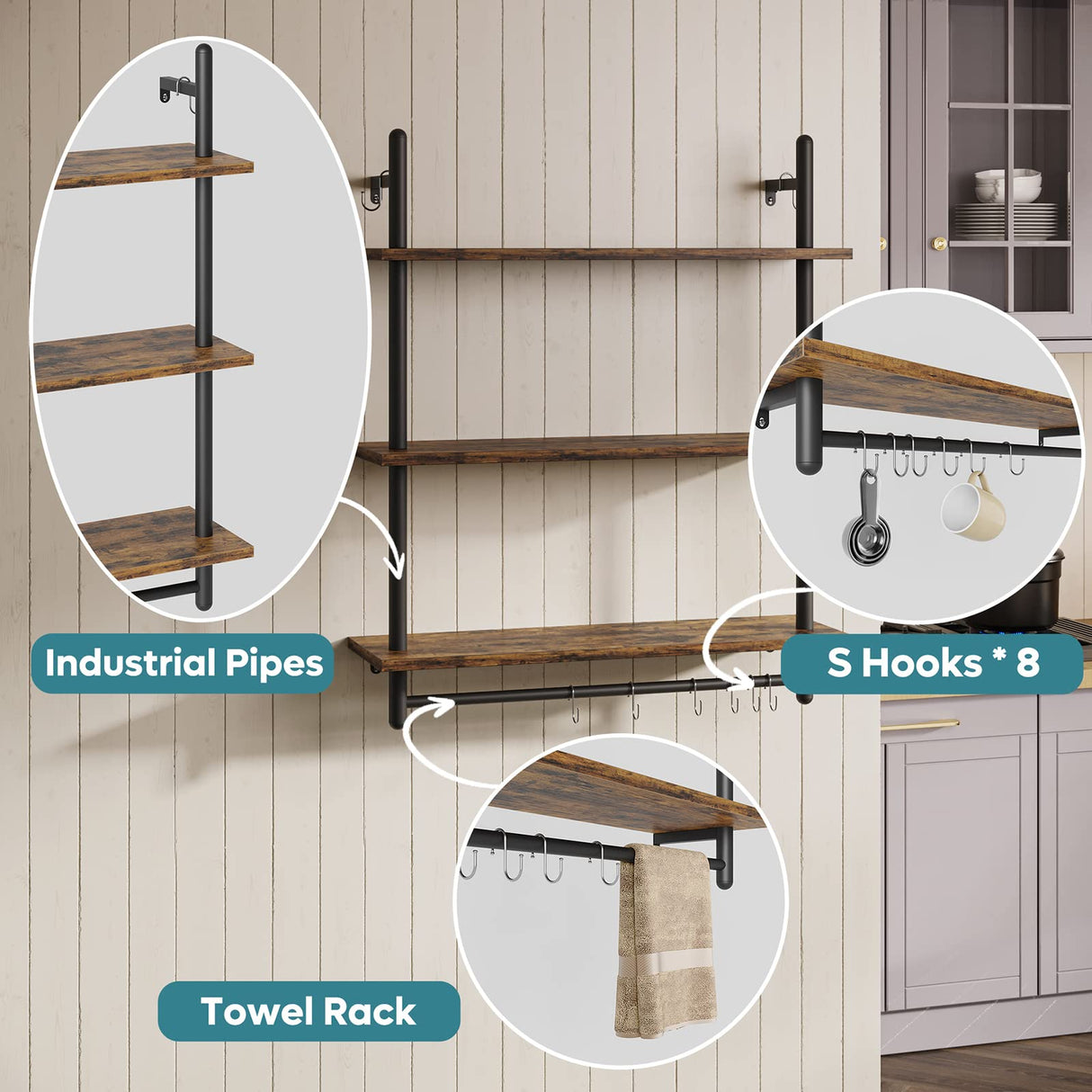 Bestier 3 Tier Industrial Pipe Shelving, Floating Book Shelves for Wall, Storage Hanging Shelves with Towel Bar for Bathroom Organizer Bedroom Kitchen Plants Office. 31.5 Inch Rustic Brown Bestier