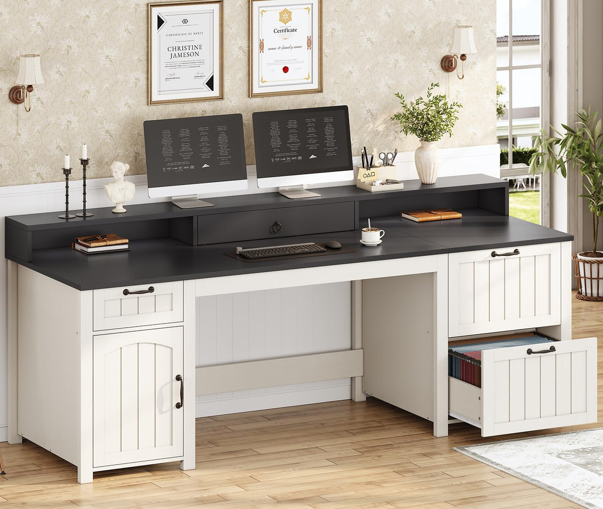 SEDETA Farmhouse 63" Executive Desk, Home Office Desk with File Drawer and Monitor Stand, Computer Desk with Drawers and Storage Cabinet, Wood Desk for Work Study Writing, White SEDETA