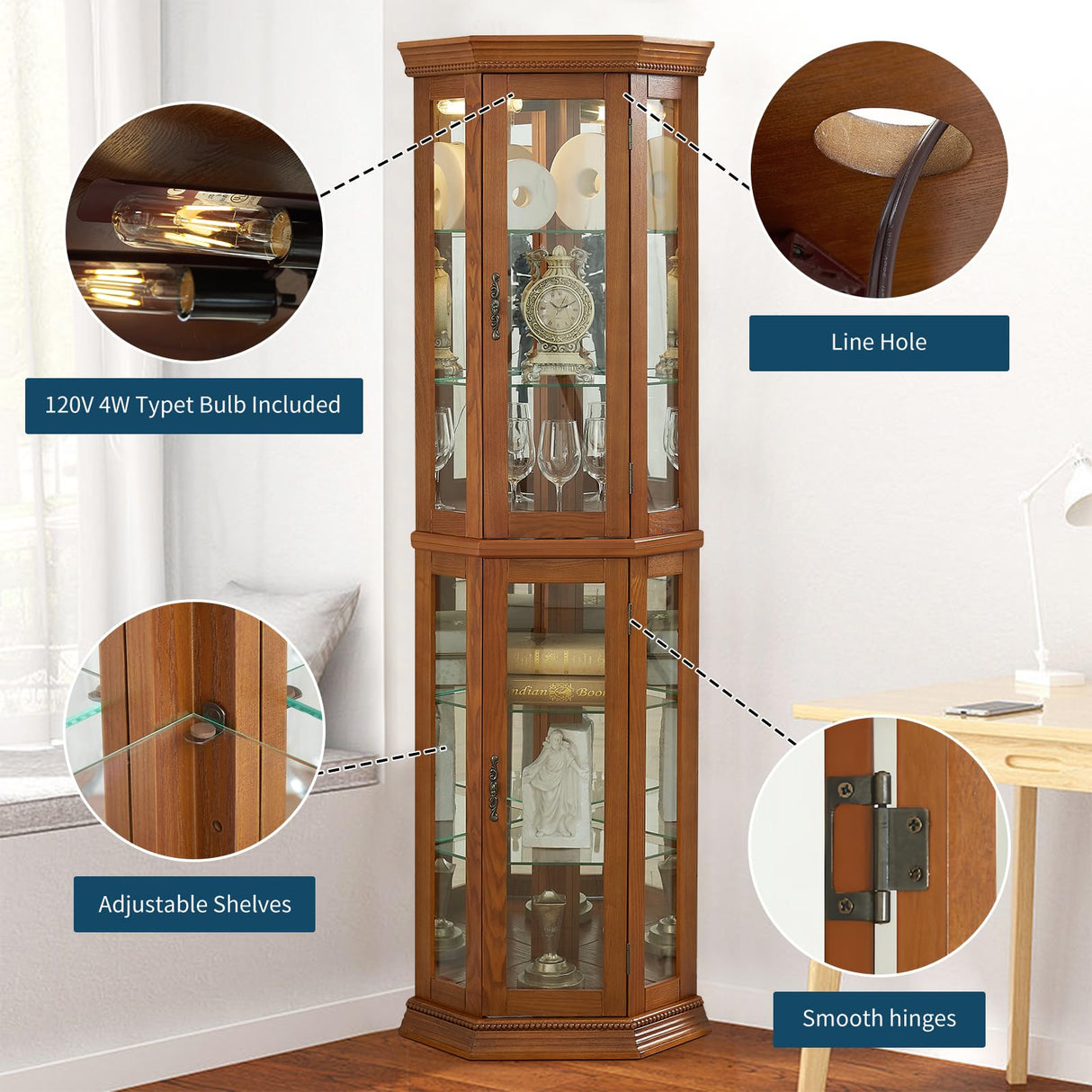 Yayzy Lighted Corner Display Curio Cabinet Wooden Curved Shelving Unit with Tempered Glass Door, Bar and Liquor Storage Area with 6 Shelves (Corner Shape, Oak) Yayzy